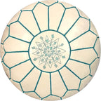 Stuffed Round Design Moroccan Leather Pouf Ottoman, Handmade, Pre-Filled, 100% Genuine Leather, 13” Height x 20” Diameter, Footstool & Living Room Décor (White with Blue Stitches)