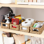 4 Small 3.6 QT Water Hyacinth Wicker Baskets for Shelves, 10" Long Woven Pantry Organizers and Storage Basket, Decorative Ratten Shallow Rectangle Baskets for Organizing Countertop Bathroom