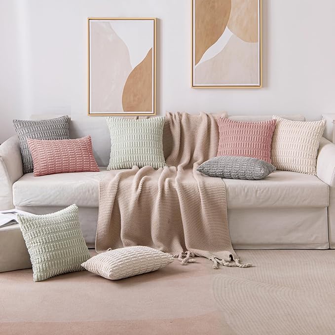 MIULEE Pack of 2 Corduroy Decorative Throw Pillow Covers 16x16 Inch Soft Boho Striped Pillow Covers Modern Farmhouse Home Decor for Sofa Living Room Couch Bed Blush Pink Spring Valentine Decor