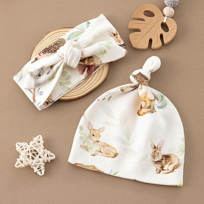 BabyWhale Muslin Swaddle Blanket with Hat and Headband Bow, Animals Print Swaddle Set for Baby Boys ＆ Girls, Newborn Silky Soft Receiving Blanket Wrap, 47x47 inches