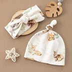 BabyWhale Muslin Swaddle Blanket with Hat and Headband Bow, Animals Print Swaddle Set for Baby Boys ＆ Girls, Newborn Silky Soft Receiving Blanket Wrap, 47x47 inches