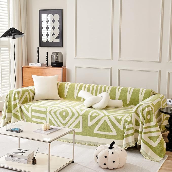 ROOMLIFE Green Boho Couch Cover for 3 Cushion Couch L Shape Sofa Covers for Sectional Sofa Reversible Silpcover for Dogs Washable Chenille Furniture Protector for Living Room, 71"x134"