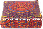 CRAFT KALA Large Hippie Mandala Meditation Floor Ottoman Pillow Cushion Pouf Cover Square Poufs Bohemian Circle Floor Cushion Case Outdoor Fireplace Yoga Living Room Decor Cover New Orange, 18" Square