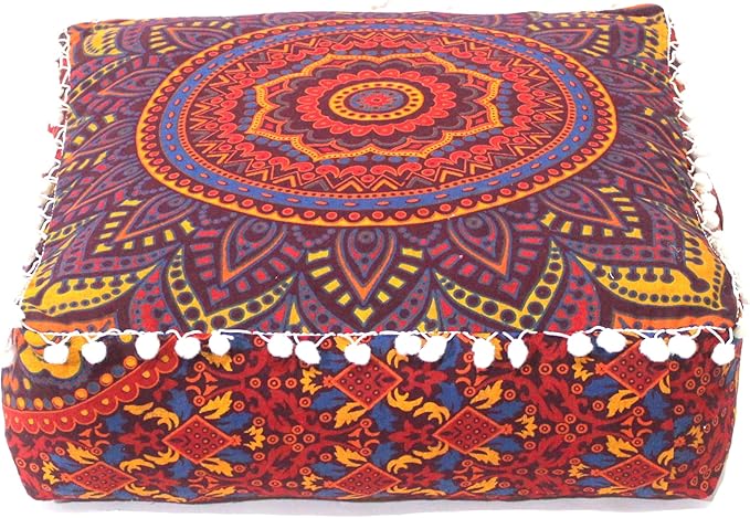 CRAFT KALA Large Hippie Mandala Meditation Floor Ottoman Pillow Cushion Pouf Cover Square Poufs Bohemian Circle Floor Cushion Case Outdoor Fireplace Yoga Living Room Decor Cover New Orange, 18" Square