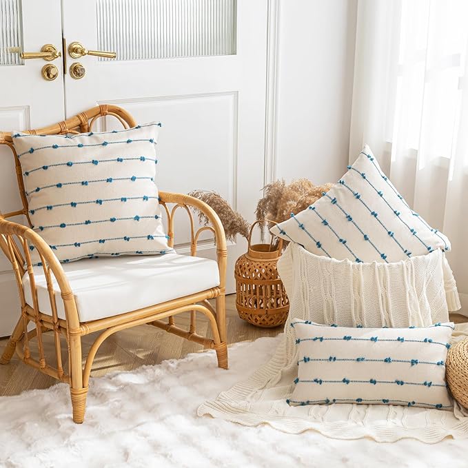 Boho Throw Pillow Covers 22x22 Set of 2 Modern Farmhouse Decorative Cushion Case Tufted Square Pillows Cover Neutral Pillow Cases Accent Pillowcase for Sofa,Couch,Bed,Beige and Blue