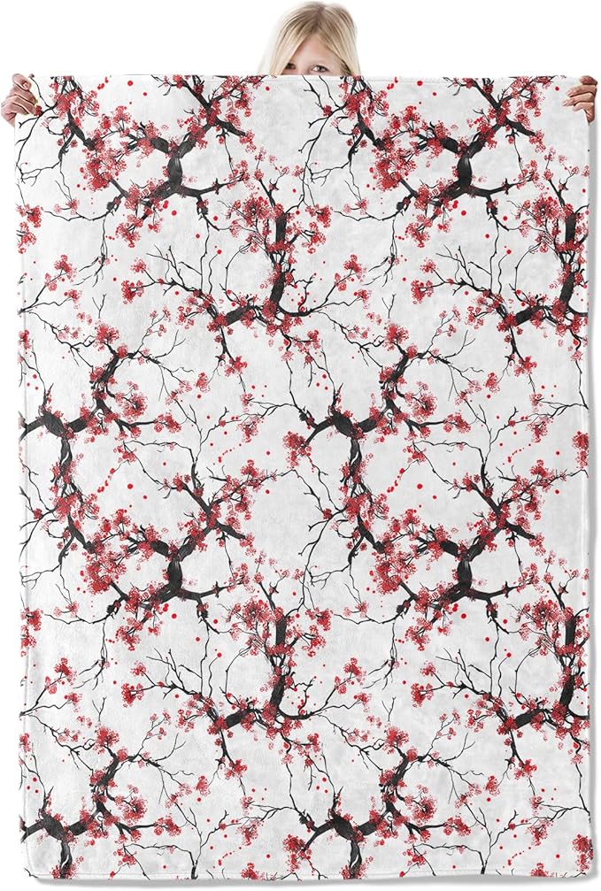 Plum Blossom Blanket 40×50 Inch,Japanese Asian Ink Painting Style Lightweight Flannel Throw with Red Flowers on White,Zen Minimalist Art Home Decor,Gifts for Girls,Women