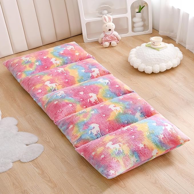 Mengersi Velvet Floor Pillows,Unicorn Glow in The Dark Pillow Bed Floor Lounger Cover for Kids Girls Boys,Mattress Floor Bed Sleeping Mat for Girls Teen Toddler,Requires 5 Pillows(Queen,Pink)