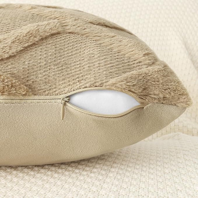 decorUhome Spring Throw Pillow Covers 18x18 Inch Set of 2, Soft Plush Faux Fur Wool Khaki Accent Couch Pillow Covers for Modern Farmhouse Bed Sofa Living Room