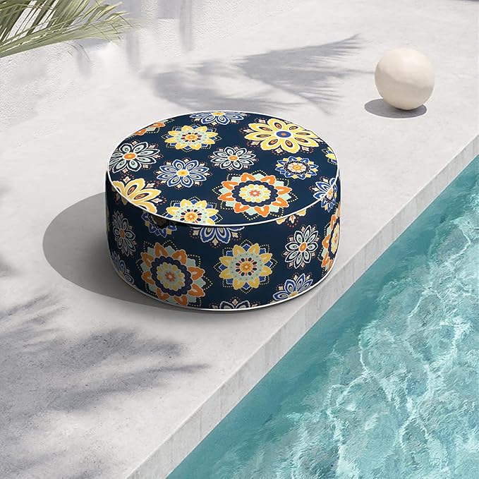 Indoor/Outdoor Inflatable Ottoman with Handle, Decorative Fade-Resistant Round Footstool D21 x H9 inch, Portable Ottoman Pouf for Patio Garden Camping, Bloom Medallion Cobalt