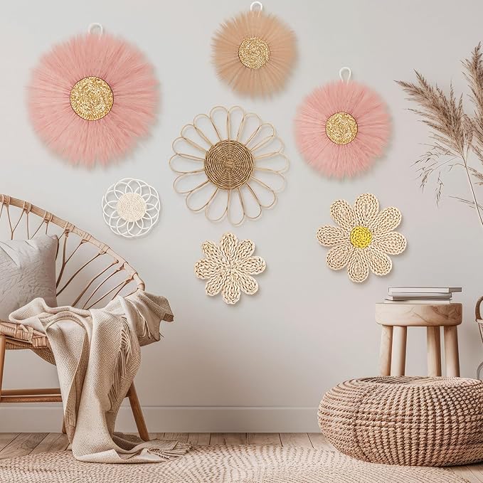 Chunful 7 Pcs Boho Wall Basket Decor Rattan Flower Wall Decor Nursery Daisy Flower Woven Macrame Hanging Flowers for Baby Kids Girls Farmhouse Bedrooms Living Rooms Kitchen Home (Dark Pink)