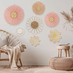 Chunful 7 Pcs Boho Wall Basket Decor Rattan Flower Wall Decor Nursery Daisy Flower Woven Macrame Hanging Flowers for Baby Kids Girls Farmhouse Bedrooms Living Rooms Kitchen Home (Dark Pink)
