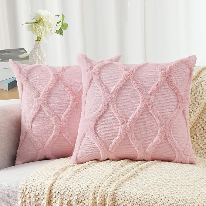 decorUhome Spring Euro Sham Throw Pillow Covers 26x26 Inch Set of 2, Soft Plush Faux Fur Wool Light Pink Accent Couch Pillow Covers for Modern Farmhouse Bed Sofa Living Room