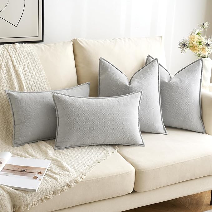 MIULEE Pack of 2 Light Grey Decorative Lumbar Pillow Covers 12x20 Inch Soft Chenille Luxurious Couch Throw Pillows Farmhouse Cushion Covers with Elegant Design for Sofa Bedroom Living Room Home Decor