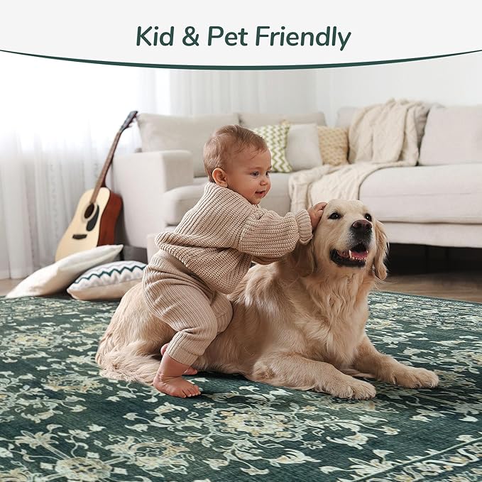Lessymo 8x10 Area Rugs for Living Room, Machine Washable Non Slip Large Rug, Soft Low Pile Carpet for Bedroom Dining Office, Vintage Dark Green Distressed Floral Floor Decor