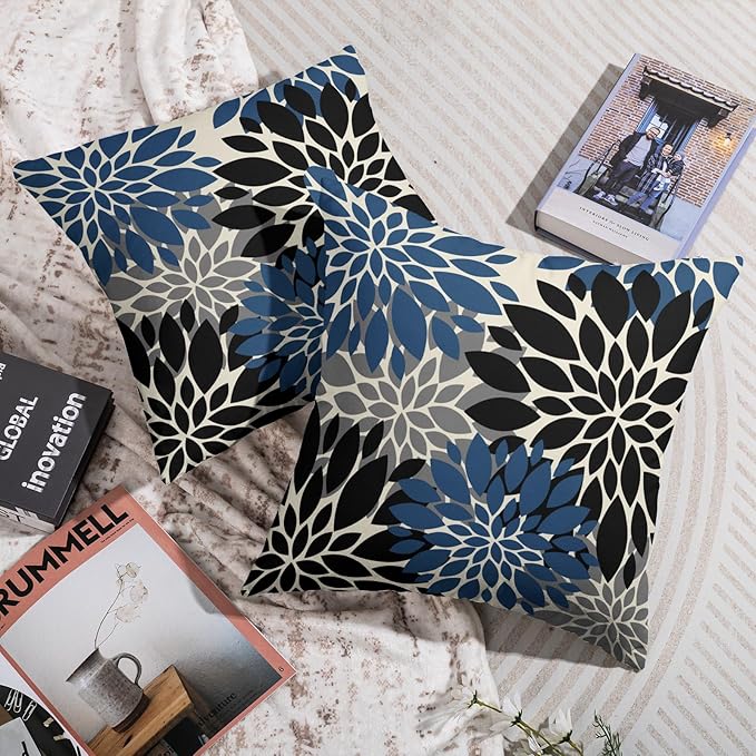 Black Blue Pillow Covers 20X20 Inch Set of 2, Spring Summer Floral Dahlia Flower Cream Decorative Throw Pillow Covers Outdoor Modern Farmhouse Cushion Case for Home Couch Sofa Bed Decor