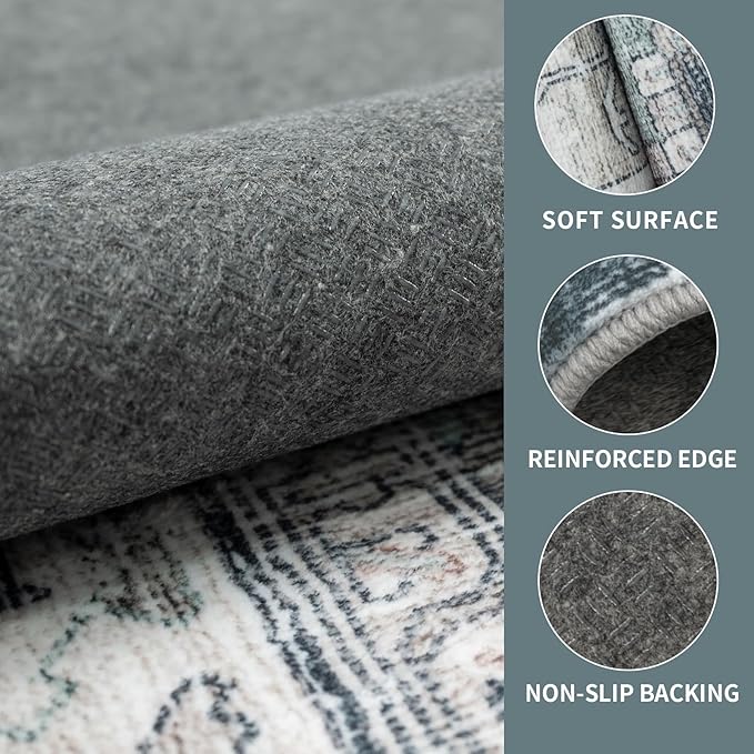 5x7 Vintage Washable Area Rug for Living Room,Low Pile Non Slip Carpet Non-Shedding Area Rug Soft Indoor Stain Resistant Rug Boho Print Mat for Bedroom Dining Room Blue Beige Multi