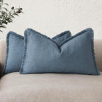 Foindtower Set of 2 Decorative Linen Fringe Lumbar Throw Pillow Covers Boho Farmhouse Cushion Cover with Tassels Soft Accent Pillowcase for Couch Sofa Bed Living Room Home Decor,12×20 Inch,Misty Blue