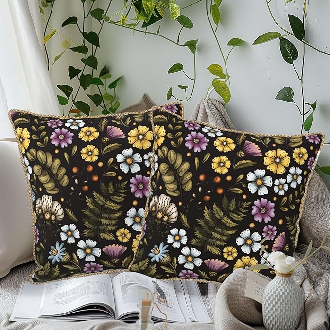 Blue Yellow Purple Floral Soft Velvet Throw Pillow Covers Set of 2 Plant Botanical Flowers Decorative Pillow Covers 18x18 In Vintage Black Pillow Case For Sofa Couch Living Room Farmhouse Home Decor