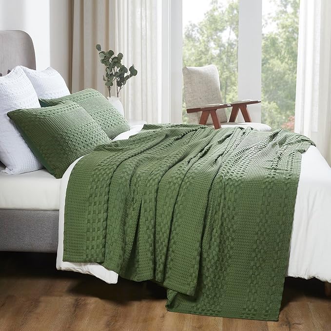 VHC Brands 100% Cotton Waffle Weave King Blanket 108"x90", Decorative Lightweight Spring and Summer Throw Blanket, Bedroom Decor for Bed, Couch, or Sofa, Olive Green