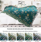 Boho 100% Cotton Large Throw Blanket - All Season Rustic Ultra Soft Breathable Floral Bird Blanket for Bed Sofa Couch Chair Bedspread Quilt Gift, 80" x 90"-Teal/Beige