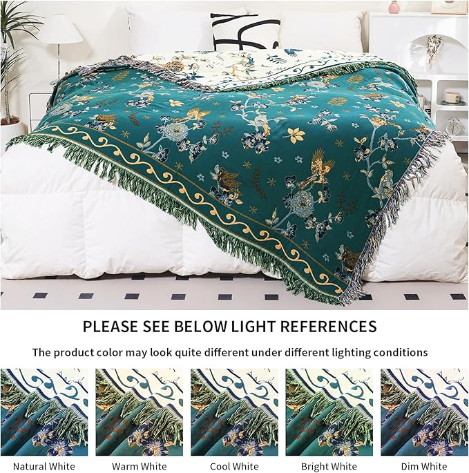 Boho 100% Cotton Large Throw Blanket - All Season Rustic Ultra Soft Breathable Floral Bird Blanket for Bed Sofa Couch Chair Bedspread Quilt Gift, 80" x 90"-Teal/Beige