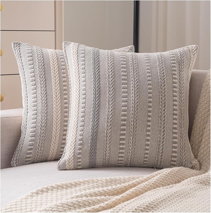Boho Throw Pillow Covers 22x22 Inch Set of 2, Farmhouse Decorative Couch Pillow Cases, Grey Accent Pillows of Bed, Sofa Bedroom Living Room Home Decor Cushion Cover