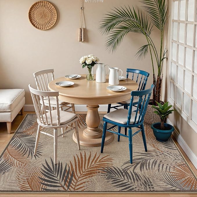 LIVEBOX Modern Easy Jute 5x7 Outdoor Rug, Washable Area Rugs for Living Room Patio Tropical Leaf Indoor Outdoor Rug, Boho Farmhouse Non Slip Carpet for Backyard Foyer Dining Room(Beige, 5'x7')