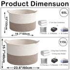 65L Large Blanket Basket,19.7" L x 19.7" W x 13" H Rope Woven Baskets with Handles, Toys Storage Bins,Laundry Basket Perfect for Living Room, Nursery,Bedroom,Home Organization,White&Brown