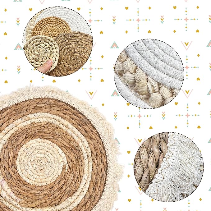 CODOHI Set of 7 Boho Wall Baskets, Wall Hanging Rattan Decor, Flat Round Woven Water Hyacinth Corn Husk Farmhouse Handmade Macrame Hanging Woven Baskets for Living Room Bedroom Dining Room Office