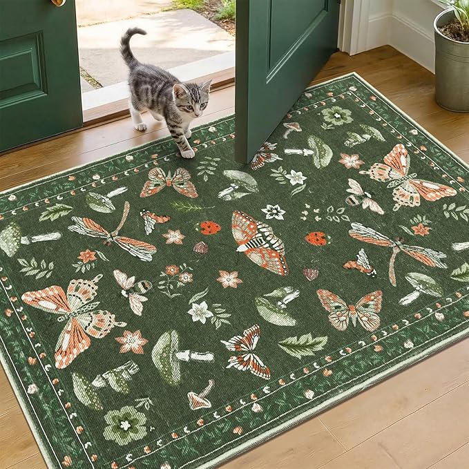Mushroom Whimsical Cottage Core Small Rug 2x3 Washable Door Mat Indoor Rugs for Entryway Non-Slip Soft Insect Bug Butterfly Funky Decor for Bedroom Kitchen Olive Green