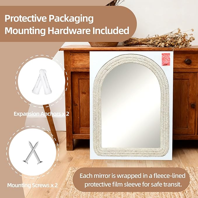 30" x 40" Arched Wall Mirror, Handwoven Natural Corn Husk Fiber with Light Whitewashed Finish, Warm Boho Coastal Style for Entryway, Bedroom, Living Room, Vertical Hanging