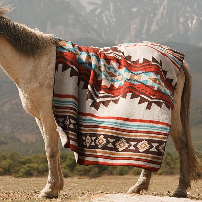 Aztec Throw Blanket with Soft Sherpa Lining, Traditional Southwestern Navajo Tribal Style Warm Throw for Camping, Outdoor, Cozy Boho Blanket for Couch, Sofa, Bed, 50"x60", Stripe Red