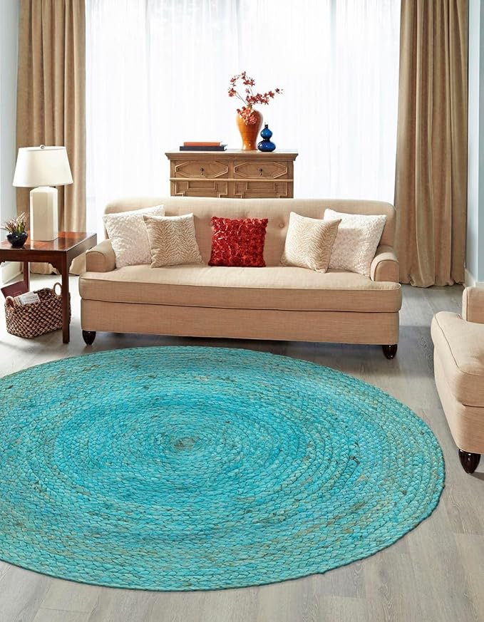 Unique Loom Braided Jute Collection Area Rug - Dhaka (3' 3" Round, Turquoise)