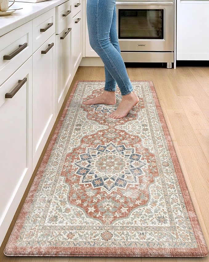 DEXI Kitchen Floor Mats Anti Fatigue, 23x59 Large Cushioned Vintage Runner Rug Waterproof, Standing Comfort Memory Foam Padded for Front Sink Laundry Office, Orange and White