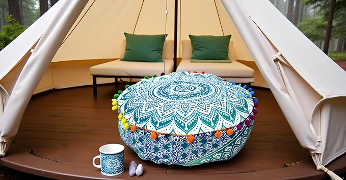 CRAFT KALA Green Ombre Large Hippie Mandala Meditation Floor Ottoman Pillow Cushion Pouf Cover Square Poufs Bohemian Circle Floor Cushion Case Outdoor Fireplace Yoga Living Room Decor Cover 18" Round