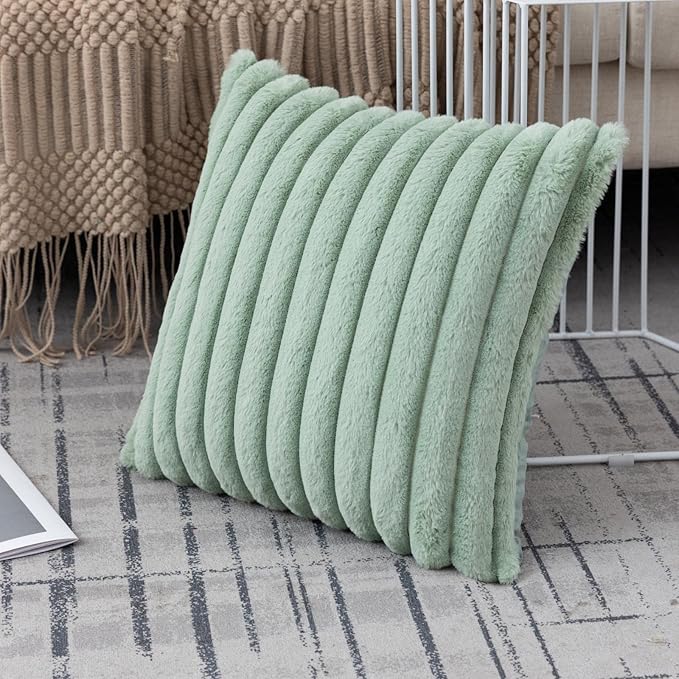 ZLINA Set of 2 Light Green Faux Fur Decorative Throw Pillow Covers Fluffy Striped Pillowcase Cushion Covers 20 x 20 Inch Decor Sofa Couch Bedroom