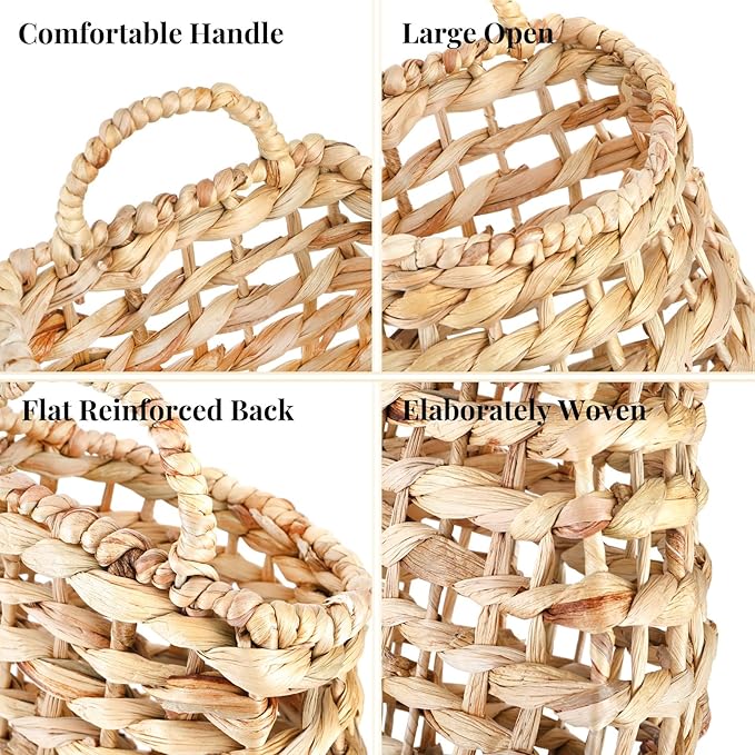 Front Door Basket, Wall Mounted Woven Water Hyacinth Hanging Basket, Large Boho Decor Flower Storage Plants Organizer for Home, Garden, Farmhouse