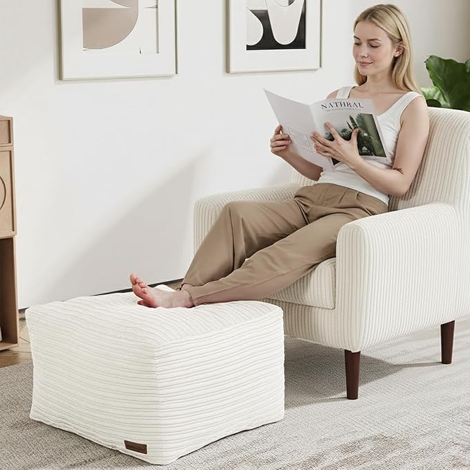 MeMoreCool Square Stuffed Pouf Ottoman Foot Rest, Stripe Furry Floor Pouf Foot Stool with Foam Chunk Filling, Soft Fluffy Stuffed Ottoman Footrest for Living Room, Corduroy Beige