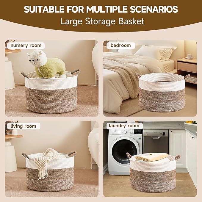 CLHMILY&Z Large Woven Basket - 20x13 Inches - Blanket Hamper for Living Room, Round Storage Bin, XLarge Laundry Organizer for Clothes, for Tree Plant, Mix Brown