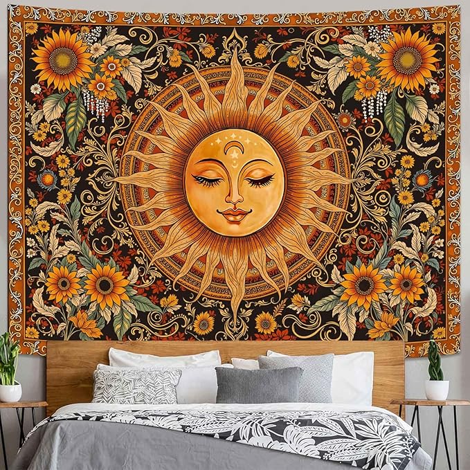 Spenlife Celestial Sun Tapestry, Boho Floral Tapestries for Bedroom, Aesthetic Wall Decor, Sunflower Tapestries (60" x 44")