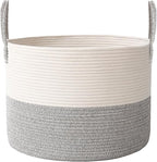 115L Extra Large Blanket Basket for Living Room - Woven Cotton Rope Laundry Hamper with Reinforced Handles - Storage Bin for Pillows, Comforters & Toys - Machine Washable,White&Grey