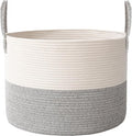 65L Extra Large Blanket Basket for Living Room - Woven Cotton Rope Laundry Hamper with Reinforced Handles - Storage Bin for Pillows, Comforters & Toys - Machine Washable,White&Grey