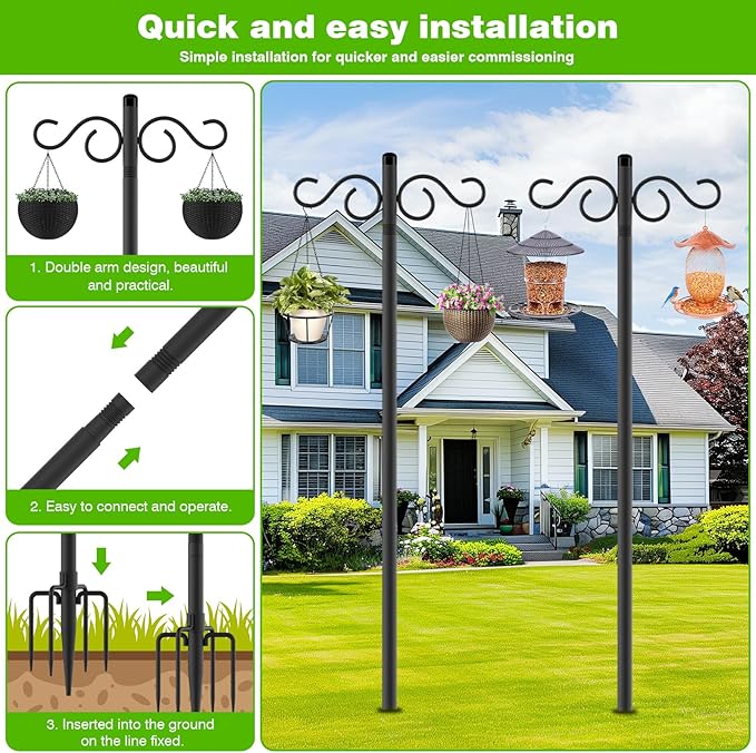 Double Shepherds Hooks for Outdoor,3 Pack 90 Inch Bird Feeder Pole with 5 Prongs Base,Heavy Duty Shepherds Hook,Suitable for Garden in Hanging Flower Basket,Lantern,Bird Nests (3 Pack 90 inch)