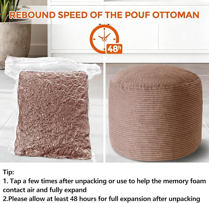 Pouf Ottoman Foot Rest, Comfortable & Soft, Round Footstool for Living Room, Bedroom, Office, Room Decoration, Corduroy Foot Stool Pouf with Odorless & Anti-Clump Filling, Large Brown