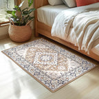 Lessymo 2 x 3 Entryway Rug- Machine Washable Area Rugs Boho Faux Wool Low Pile Area Rug for Bedroom, Floral Medallion Vintage Outdoor Rugs with Non-Slip Rubber,Brown Beige