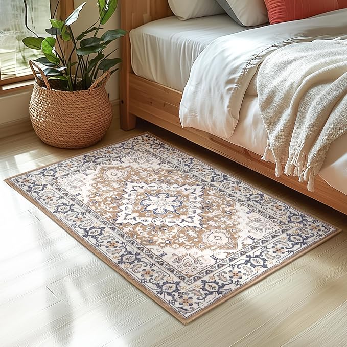 Lessymo 2 x 3 Entryway Rug- Machine Washable Area Rugs Boho Faux Wool Low Pile Area Rug for Bedroom, Floral Medallion Vintage Outdoor Rugs with Non-Slip Rubber,Brown Beige