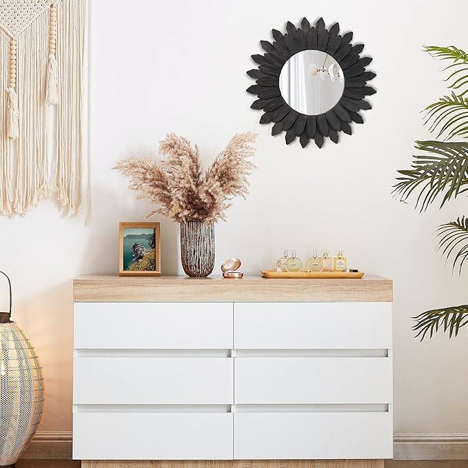 Emfogo Wall Mirror 12 inch Rustic Wood Sunburst Boho Mirror Farmhouse Wall Decor Room Decor Home Decor for Bedroom Living Room Entryway (Vintage Black)