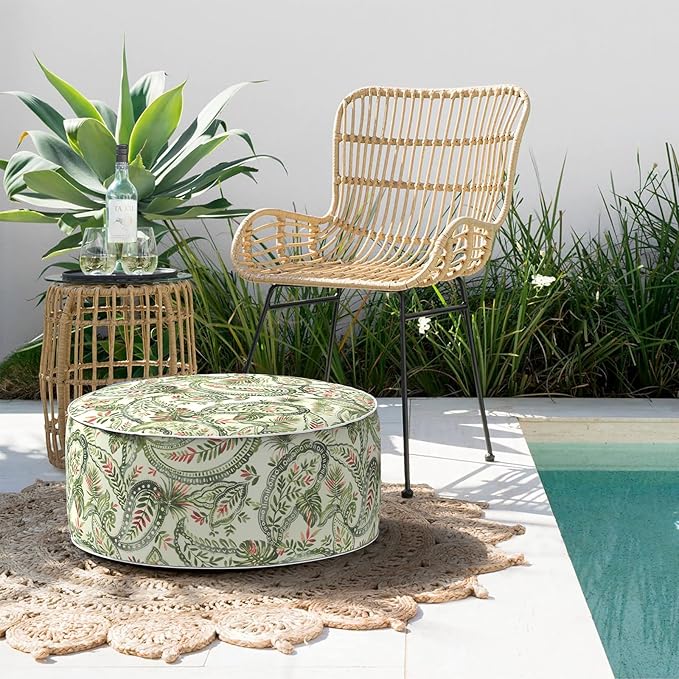 Indoor/Outdoor Inflatable Ottoman D21 x H9 inch, Round Footstool Inflatable Foot Rest Ottomans with Handle, Portable Ottoman Pouf for Patio, Garden, Camping, Home,Faylinn Shadow Paisley