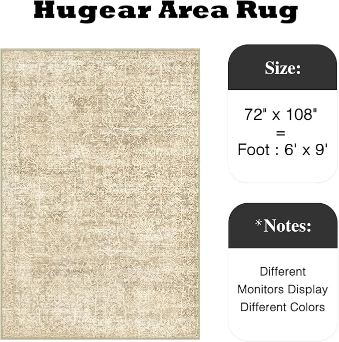 HUGEAR Area Rug 6x9 Retro Beige/Brown Machine Washable Living Room Rugs Distressed Vintage Floral Vacuumable Low Pile Carpet Bedroom Office Dining Room Laundry Room Non Slip Soft Lightweight