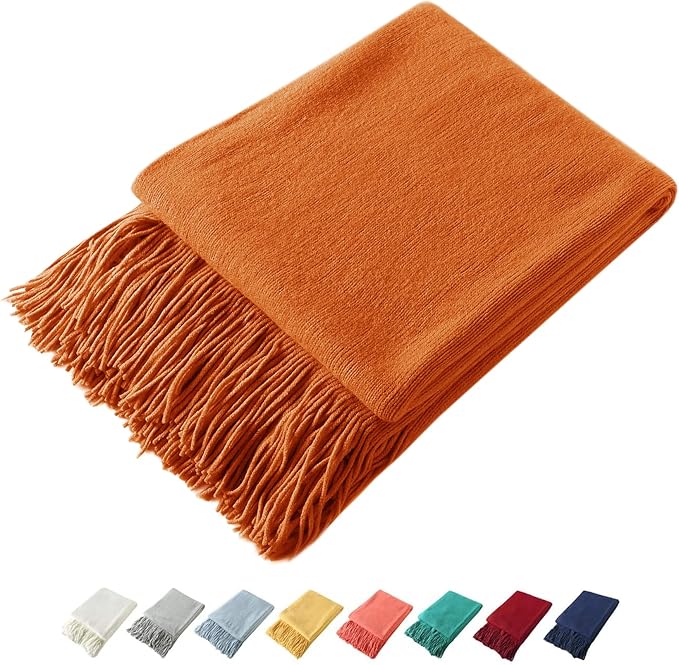 Homiest Decorative Knitted Throw Blanket with Fringe, Lightweight & Soft Acrylic Knit Blanket Tassel for Couch, Sofa, Bed (Dark Orange, 50 x 60 Inch)